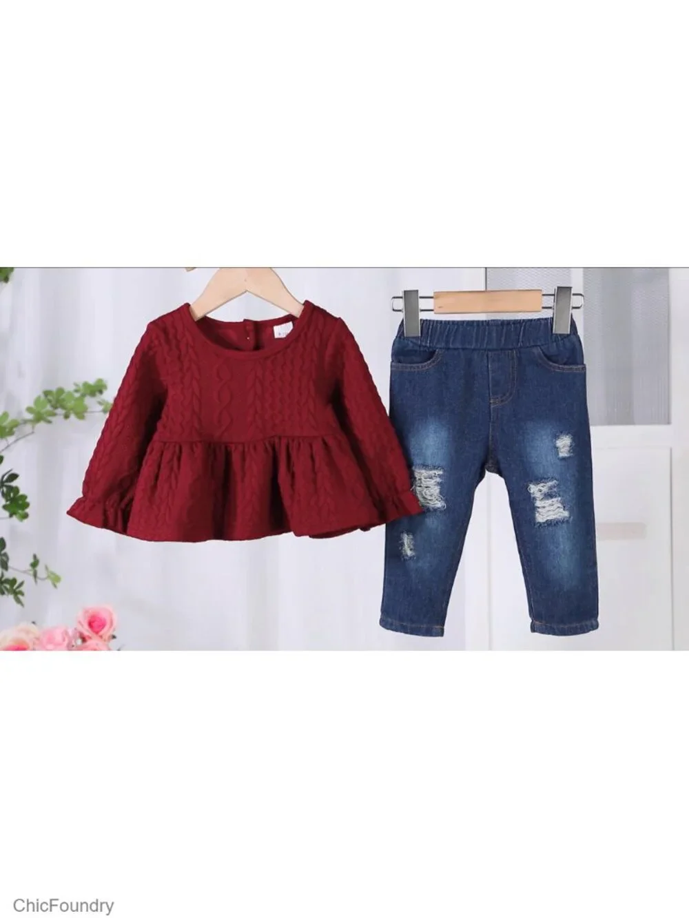 Toddler Girl Winter Outfit Set Ruffle Top Denim Pants Long Sleeve